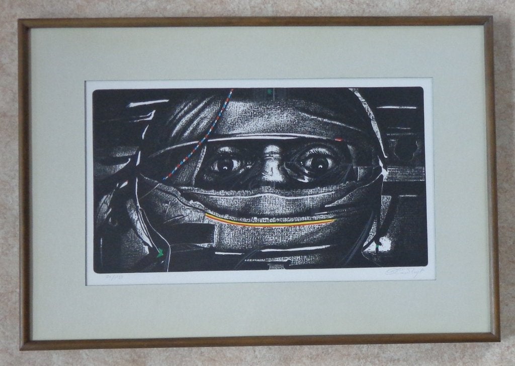 OCTAVE LANDUYT / AUTOPILOOT / KLEURLITHO / 45x65cm / KADER, Gesigneerd, Ophalen of Verzenden