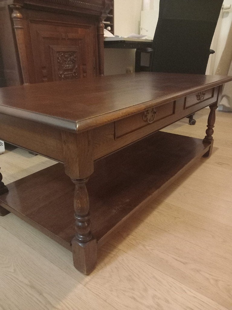 massief houten salontafel met opberging, Ophalen, Gebruikt, 100 tot 150 cm, 50 tot 100 cm