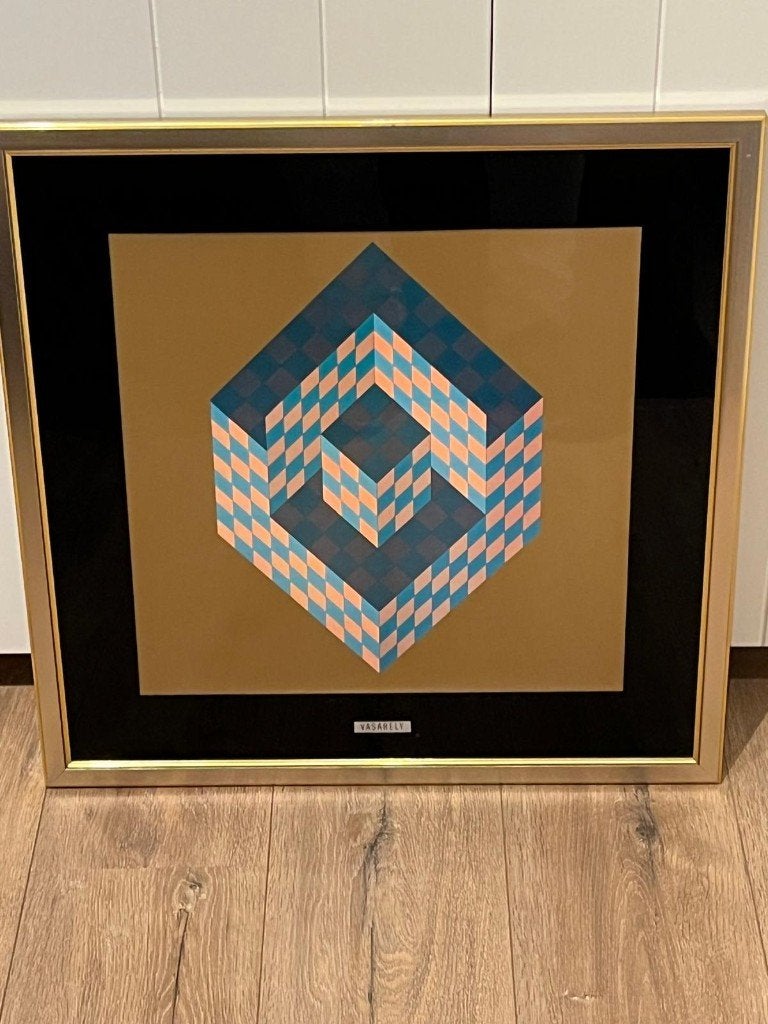Victor Vasarely "Bidim" in strakke alu kader – 57 x 57 cm, Ingelijst, Ophalen of Verzenden