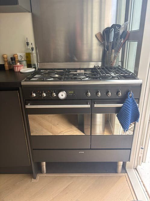 Smeg gasfornuis met dubbele oven, Elektronische apparatuur, Fornuizen, Ophalen, Hete lucht, Zo goed als nieuw, Gas