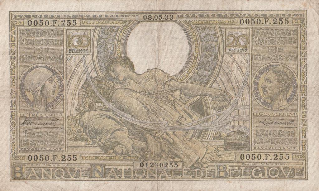 Belgie 100 frank / 20 Belgas 1933, Postzegels en Munten, Bankbiljetten | België, Ophalen of Verzenden