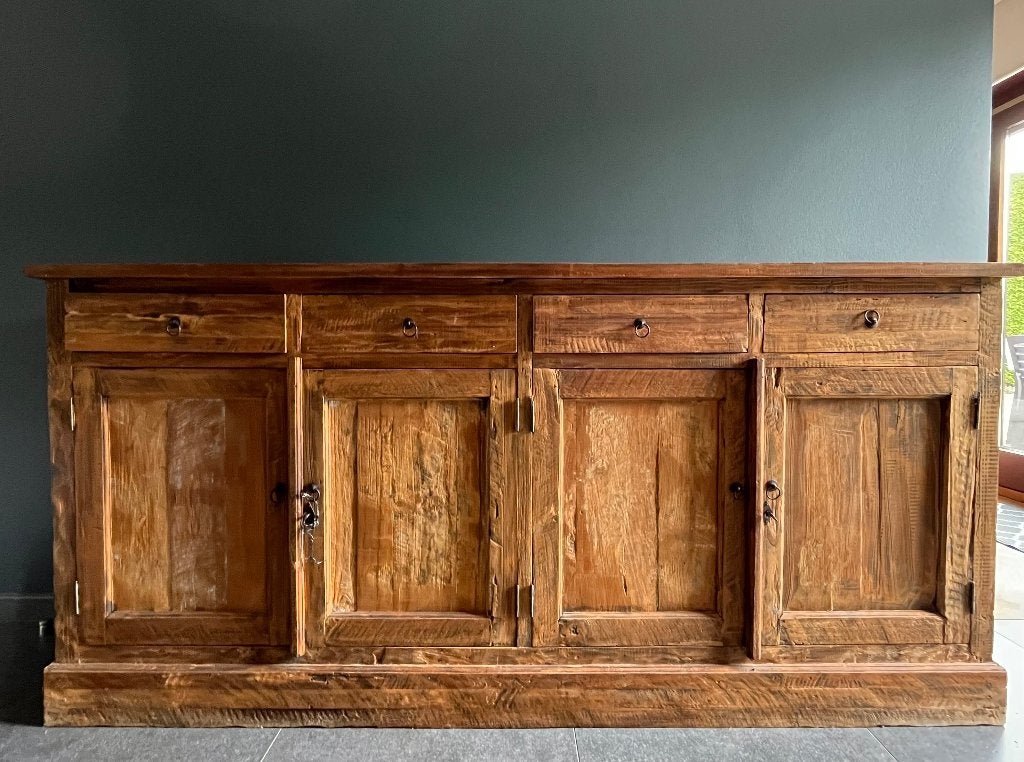 Houten dressoir met karakter – 4 deuren en 4 laden, Ophalen, 150 tot 200 cm, Met lade(s), Landelijk, rustiek, natuurlijk