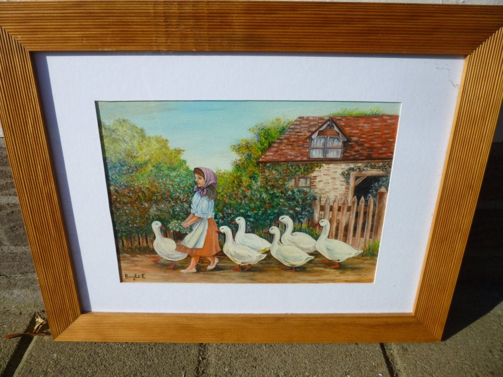 Schilderij : meisje met de ganzen., Antiquités & Art, Art | Peinture | Classique, Enlèvement, Sous verre