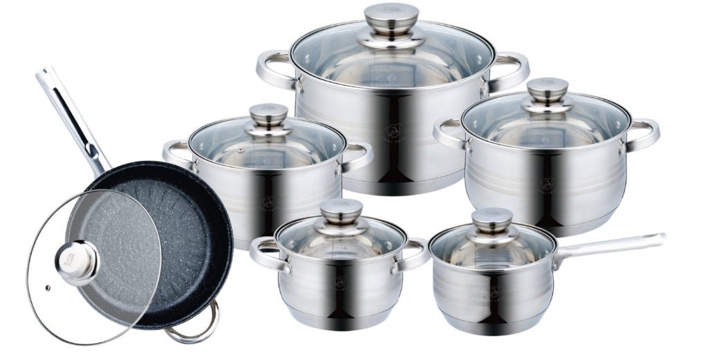 12-delige RVS Pannenset – Inductie – Glazen Deksels, Neuf, Inox, Compatible lave-vaisselle, Autres marques