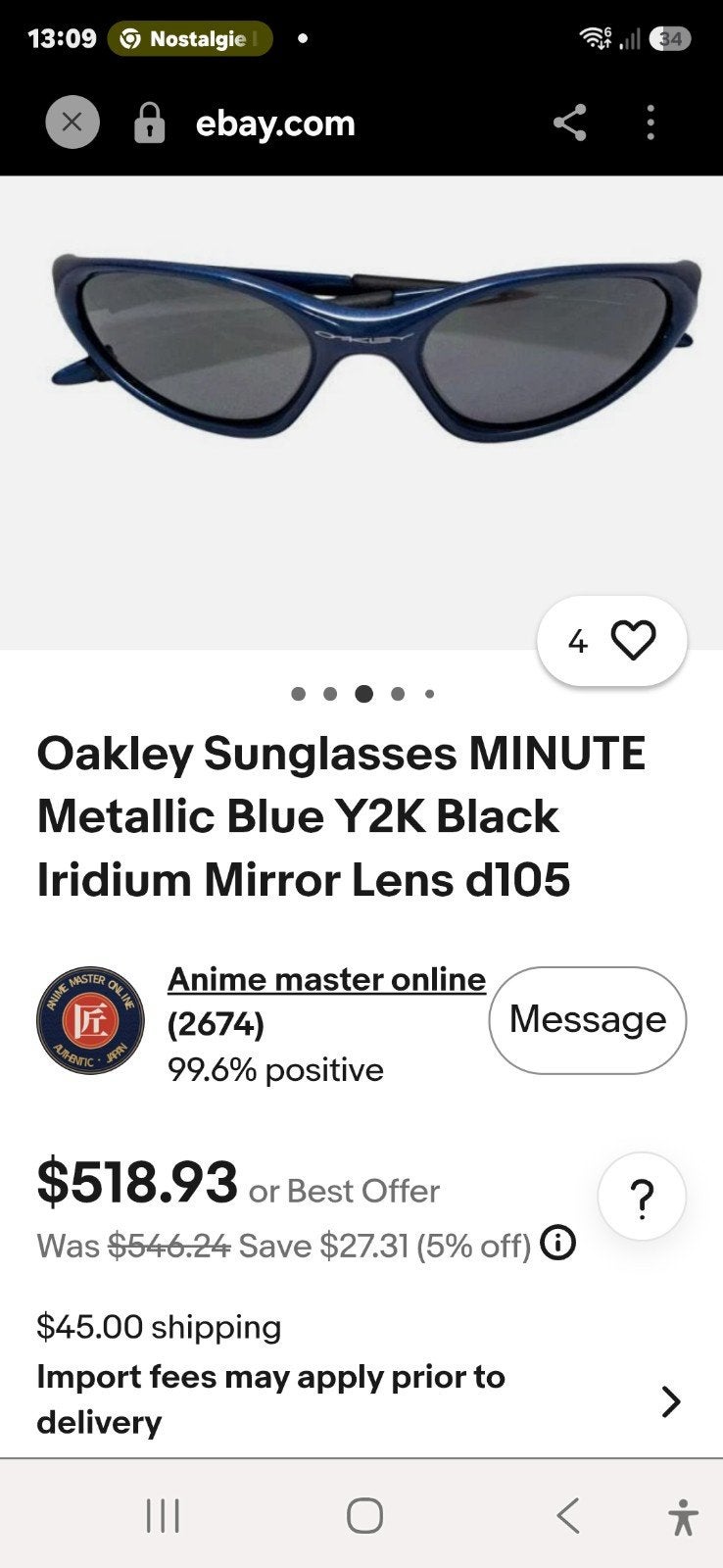 Vintage Oakley Minuten d105 Metallic Blue -, Enlèvement ou Envoi, Oakley, Utilisé, Lunettes de soleil