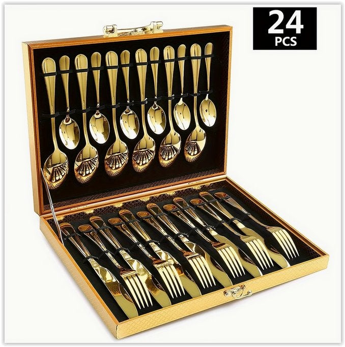 24-delige gouden roestvrijstalen serviesset | Inclusief mess, Huis en Inrichting, Keuken | Servies, Overige merken, Klassiek, Nieuw