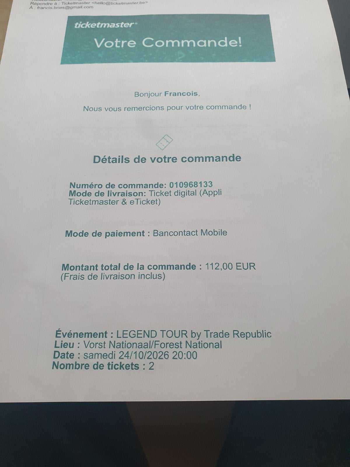 2 places pour Legend tour à Forest national le 24 octobre, Tickets & Billets, Deux personnes, Octobre