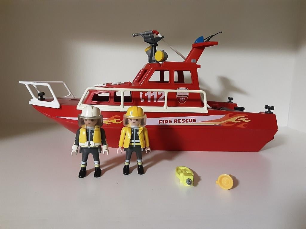 Grand bateau de pompiers PlayMobil avec pompe à incendie, Enlèvement ou Envoi, Comme neuf, Ensemble complet