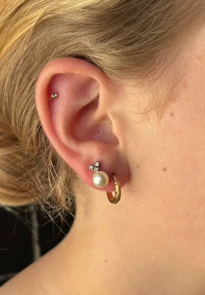 Diamanten parel fraai set 14k gouden oorbellen dame briljant, Hangers, Ophalen of Verzenden, Zo goed als nieuw, Met edelsteen