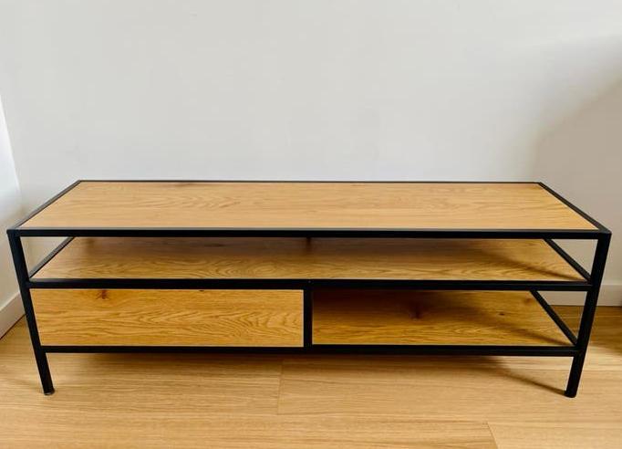 Tv-meubel warm eiken, Ophalen, 100 tot 150 cm, Eikenhout, Deco fineer en staal