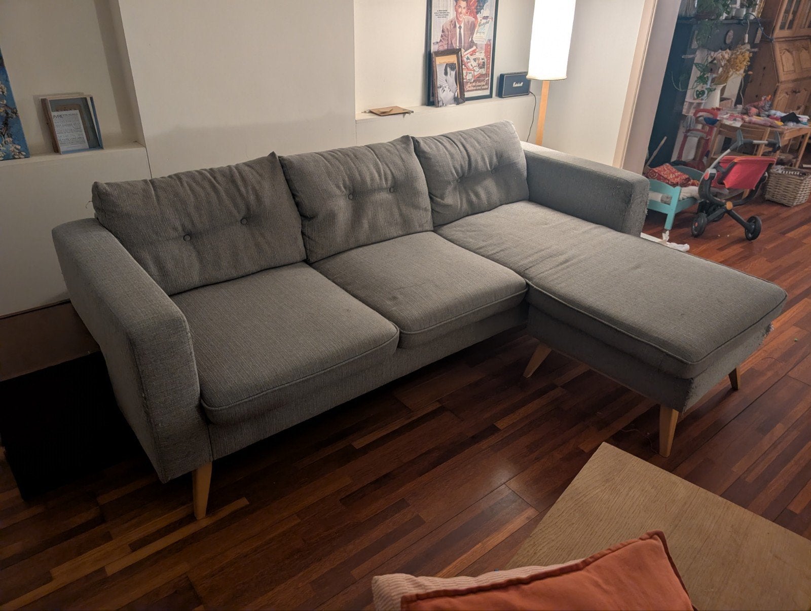 Canapé d'angle scandinave gris clair, Huis en Inrichting, Ophalen, Gebruikt, Stof, Scandinave
