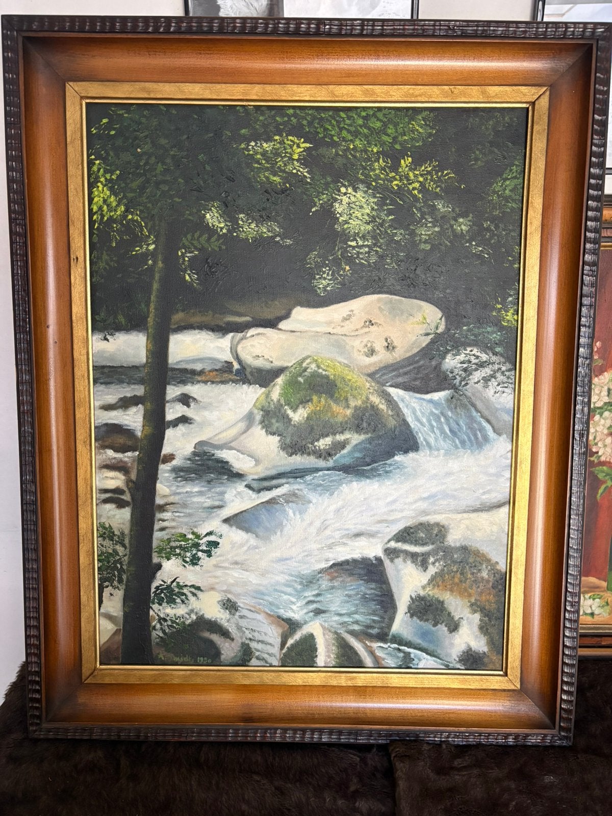 Olieverfschilderij rivier, Antiek en Kunst, Ophalen, Landschap, Doek