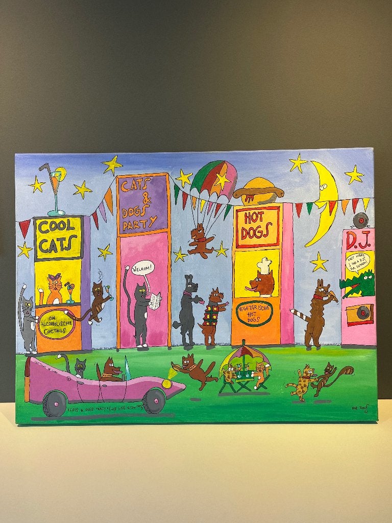 Origineel Schilderij Bob Torfs “Hot Dogs & Cool Cats”, Antiek en Kunst, Ophalen, Gesigneerd