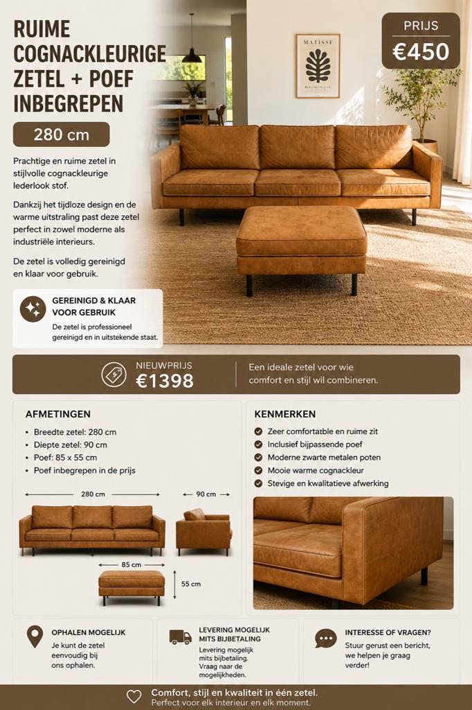 Ruime cognackleurige zetel+ poef inbegrepen–gereinigd–280 cm, 250 tot 300 cm, Driepersoons, 75 tot 100 cm, Ophalen of Verzenden