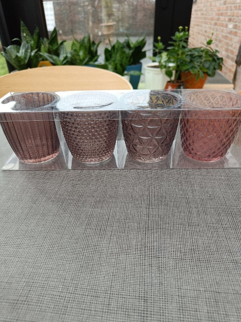 4 theelichtjes met verschillende kleur en motieven. Glazen!, 7 cm, Overige typen, Nieuw, Ophalen of Verzenden