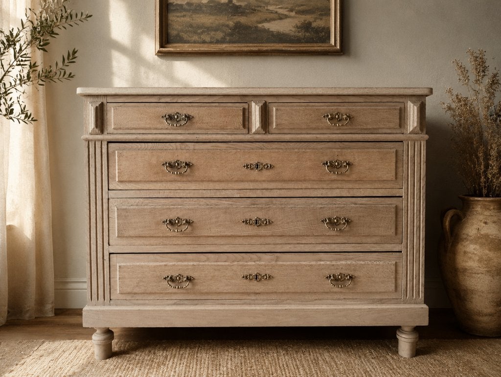 Commode ancienne en chêne - aérogommée, 5 tiroirs ou plus, Enlèvement, Utilisé, Chêne