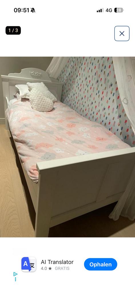 Massief wit houten éénpersoonsbed inclusief spiraalbodem, Ophalen, Zo goed als nieuw, Wit