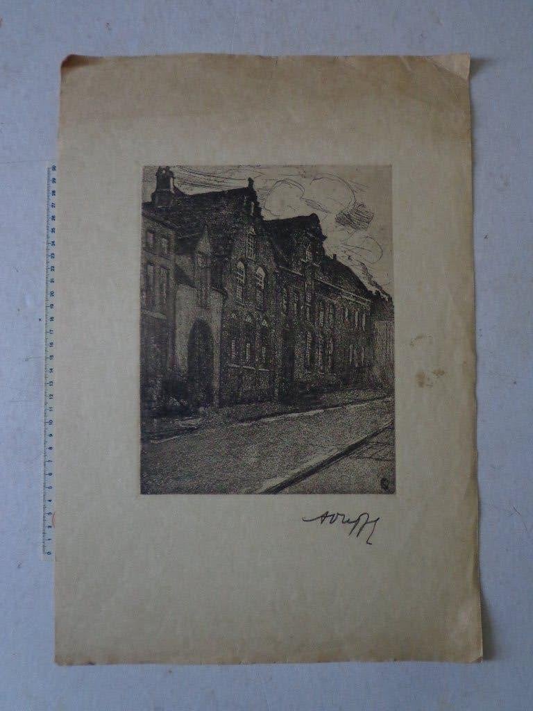 fraaie ets van Auguste Oleffe "Huizen te Nieuwpoort", Antiek en Kunst, Ets, Stadsgezicht, Ophalen of Verzenden, Gesigneerd