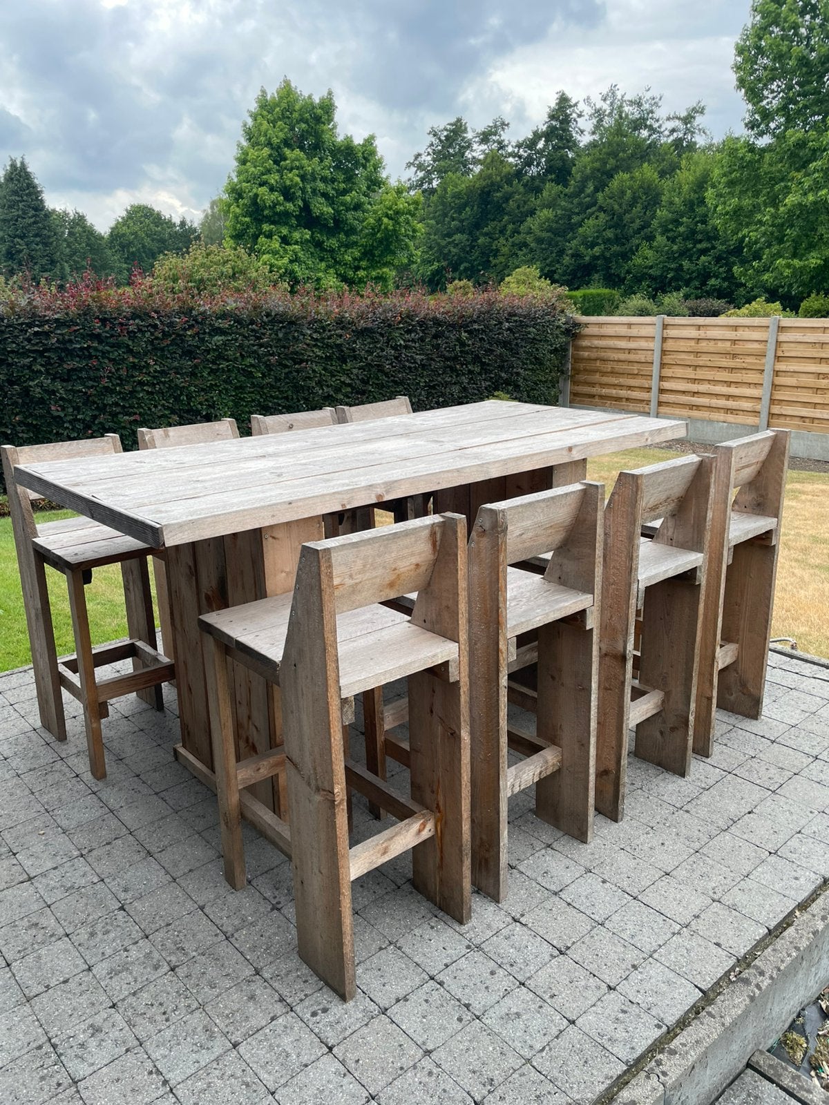 Steigerhout tuintafel met acht stoelen., Ophalen, Gebruikt, Hout