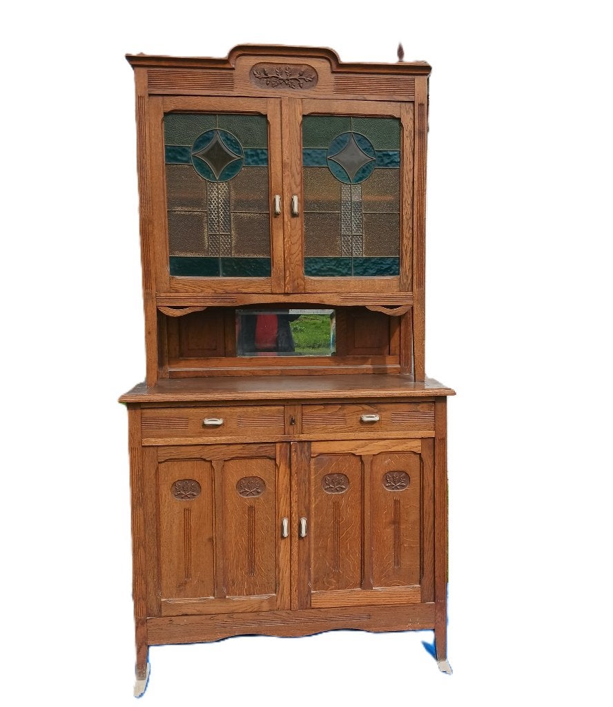 Buffet vitraux chêne vintage, 25 à 50 cm, Avec tablette(s), Vintage, 100 à 150 cm