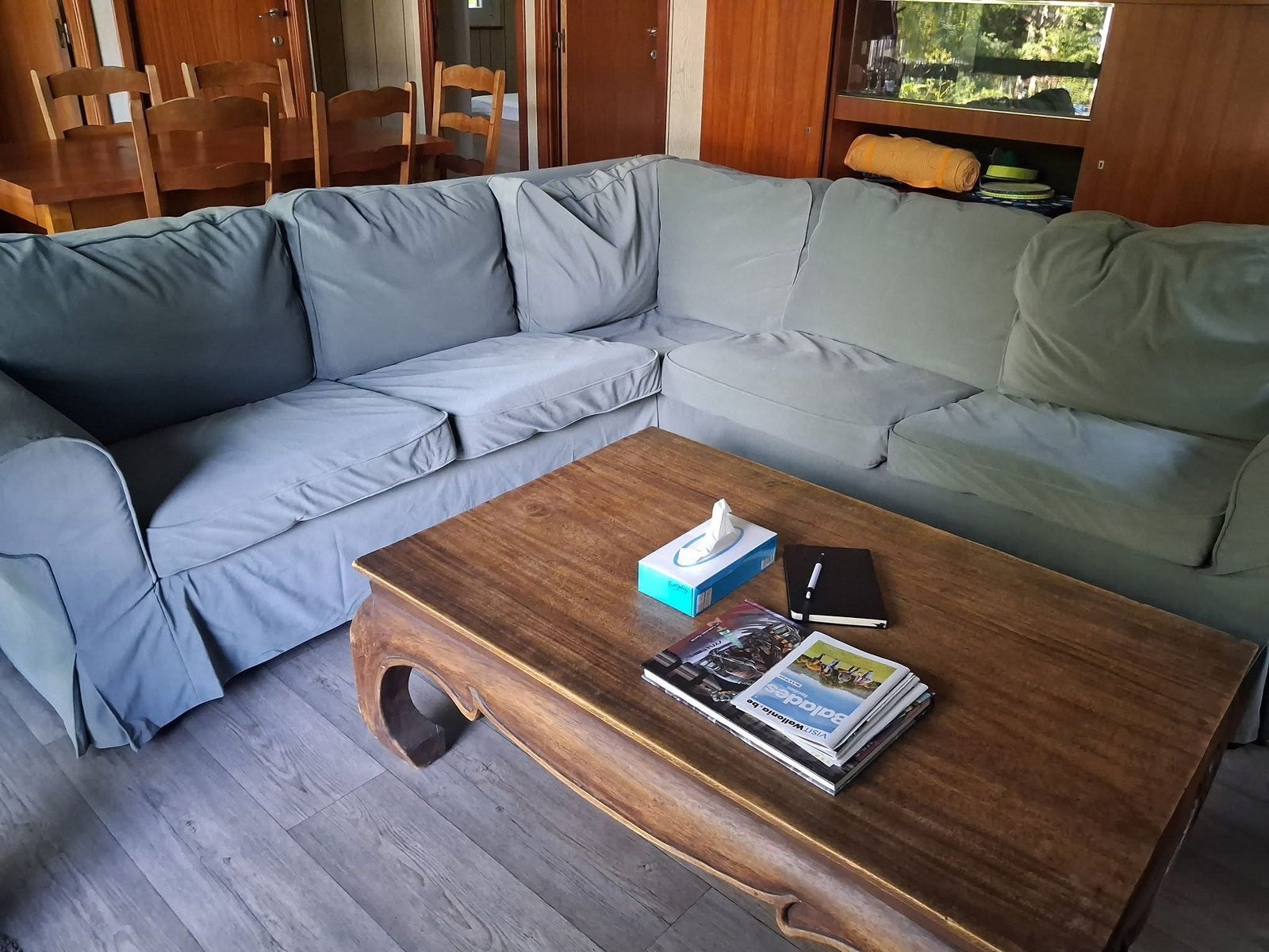 Canapé d’angle + table basse, Ophalen, Gebruikt, Hout