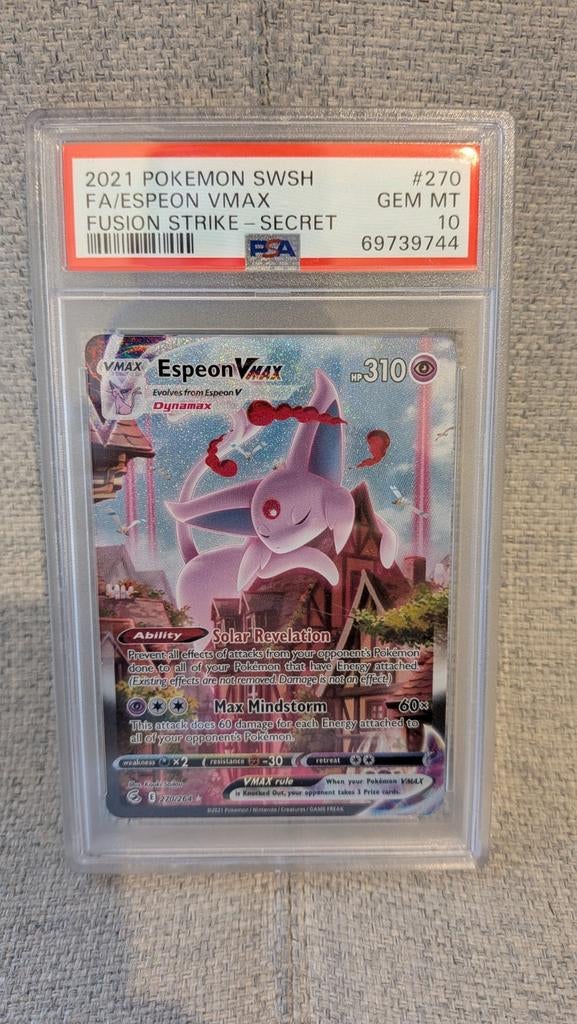 Espeon Vmax 270 PSA 10 Fusion Strike Pokemon, Hobby en Vrije tijd, Ophalen of Verzenden, Zo goed als nieuw, Losse kaart, Foil