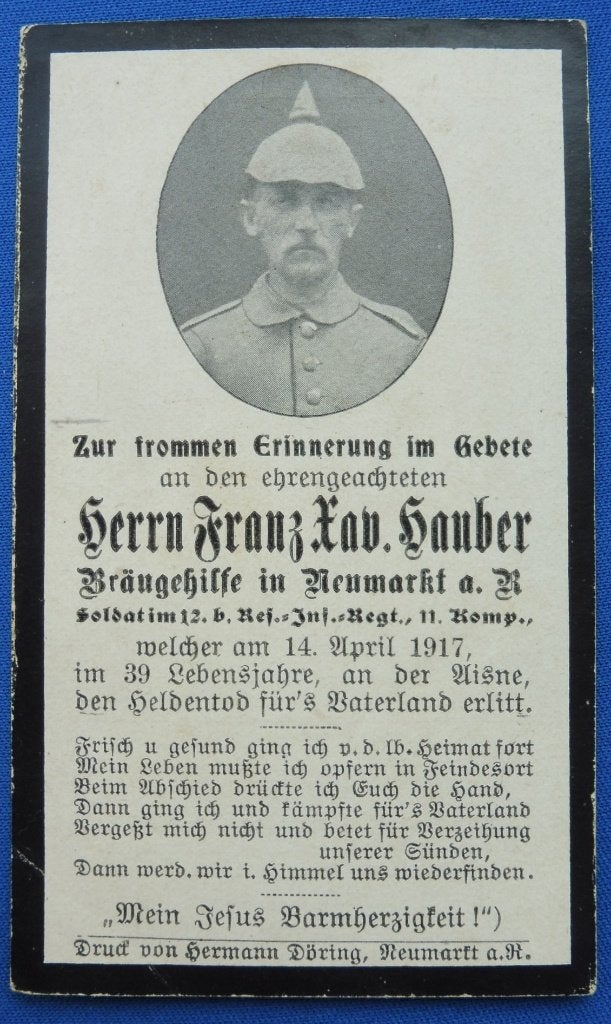 WO1 Duitse bidprent gesneuveld 14 april 1917 Aisne Frankrijk, Verzamelen, Bidprentjes en Rouwkaarten, Verzenden, Bidprentje
