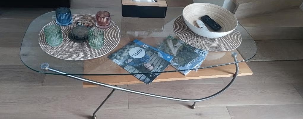Vintage glazen salontafel, Huis en Inrichting, Tafels | Salontafels, Ophalen, Gebruikt, 50 tot 100 cm, 100 tot 150 cm