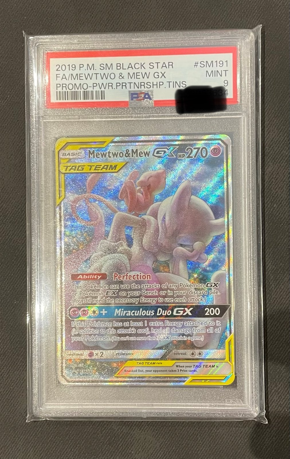Mewtwo & Mew Black Star Promo SM191 PSA9, Hobby en Vrije tijd, Verzamelkaartspellen | Pokémon, Ophalen of Verzenden, Nieuw