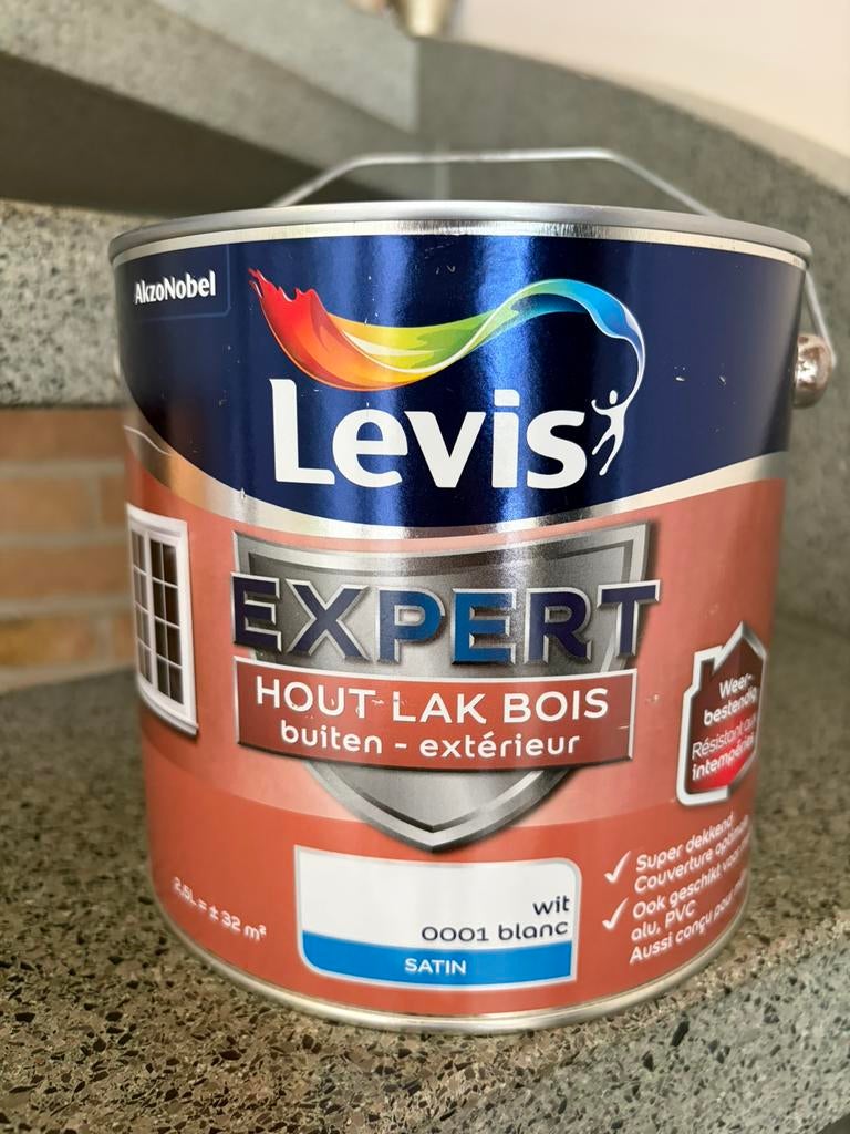 Peinture Levis Laque bois exterieur blanc satin 2,5 litres, Neuf, Moins de 5 litres, Laque, Enlèvement