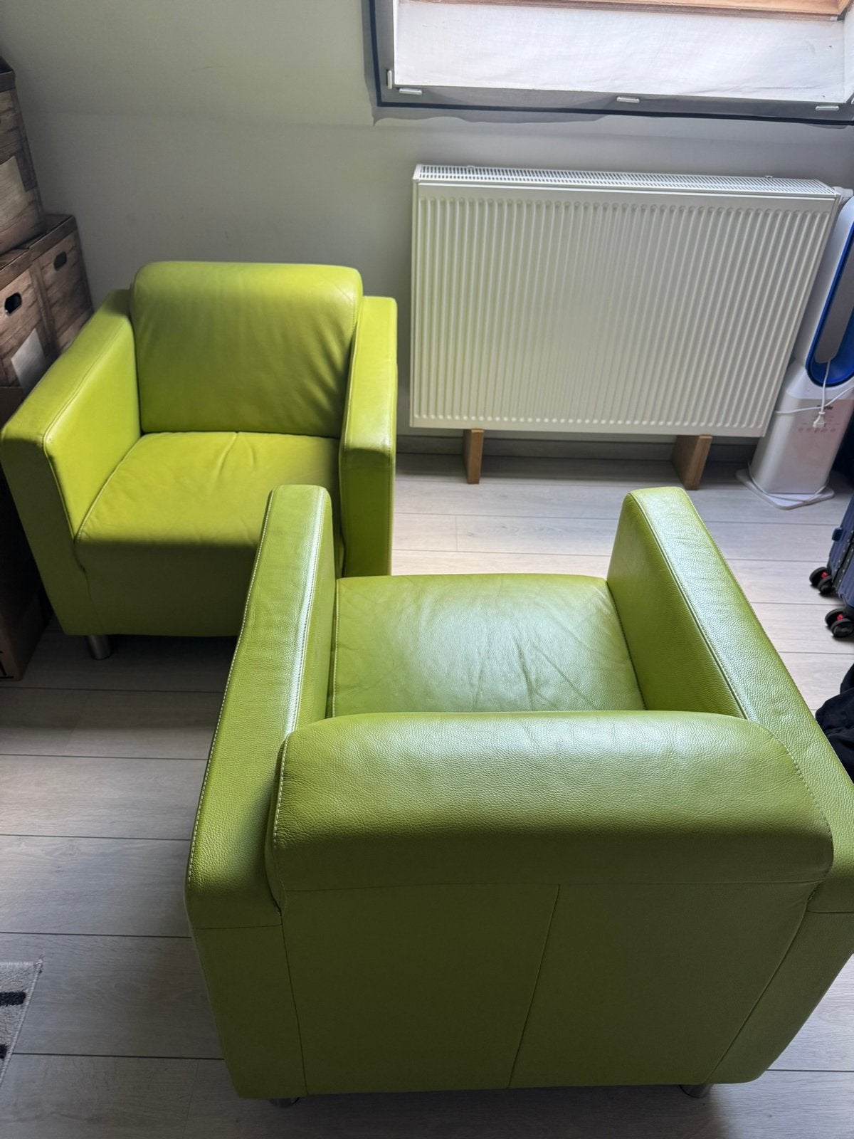 2 Luxe leren fauteuils | Limegroen | Zeer goede staat, Huis en Inrichting, Ophalen, Zo goed als nieuw, Leer