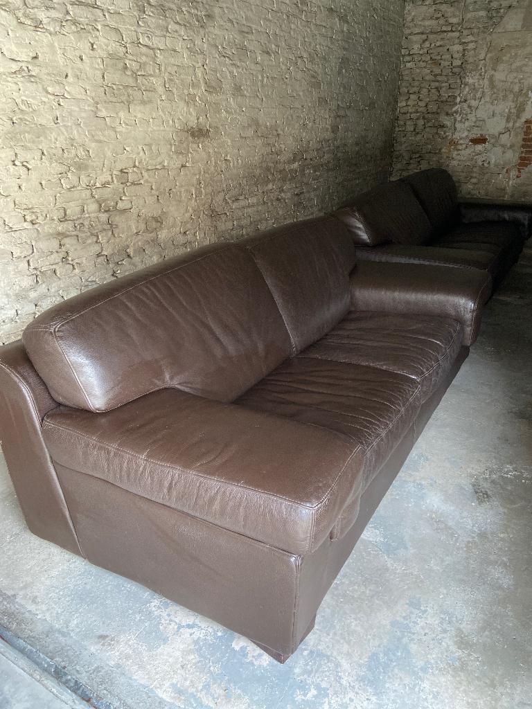 Lederen salon donkerbruin, 3 zit en 2 zit, Ophalen, Gebruikt, Rechte bank, 200 tot 250 cm