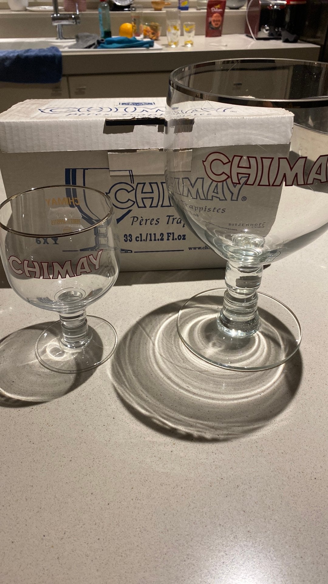 6 glazen Chimay + zeer groot glas Cimay, Verzamelen, Ophalen, Zo goed als nieuw
