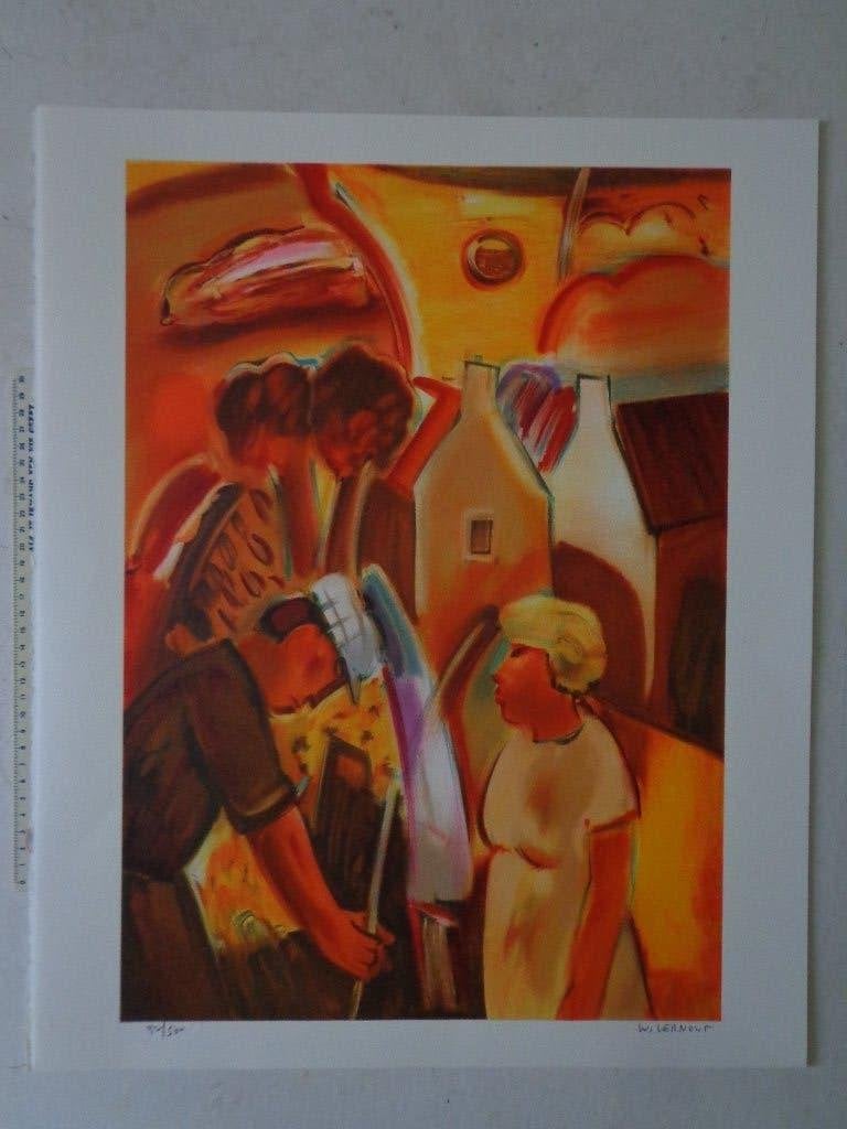 litho in kleur van Ward Lernout "Keuvelende buren" uit 1999, Portret en Figuren, Genummerd, Ophalen of Verzenden, Lithografie