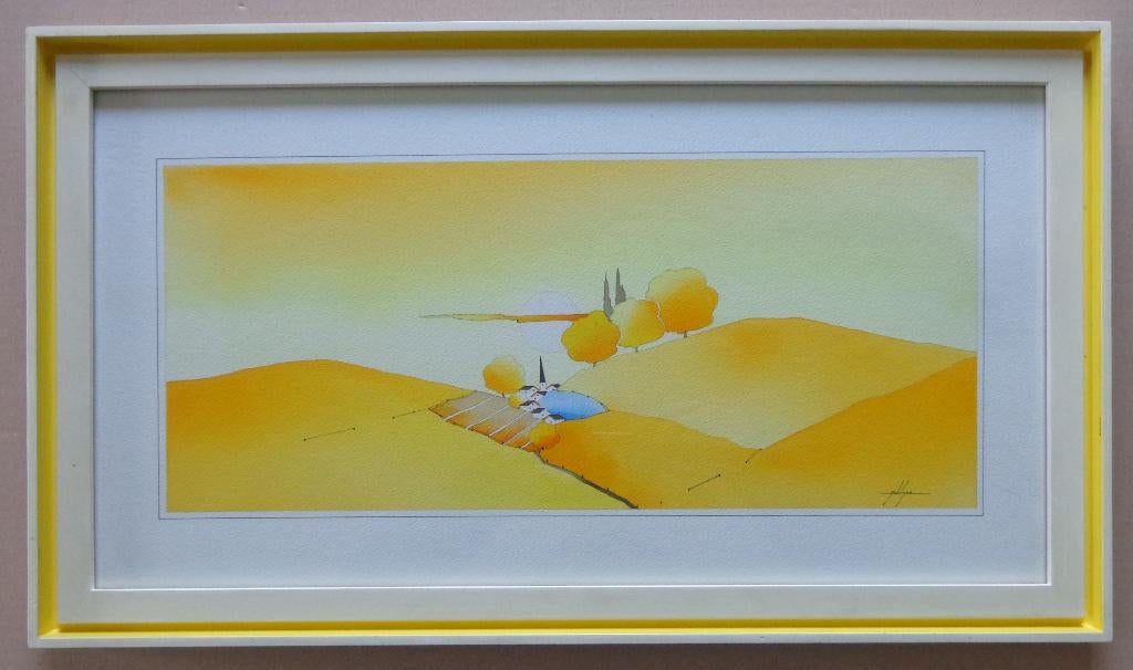 BRUNO DELVIGNE / ZONNIG LANDSCHAP / ORIGINEEL 35x61cm KADER, Enlèvement ou Envoi