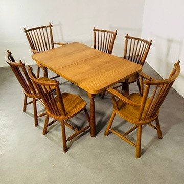 Vintage eiken eettafel met 6 spijlstoelen, Ophalen