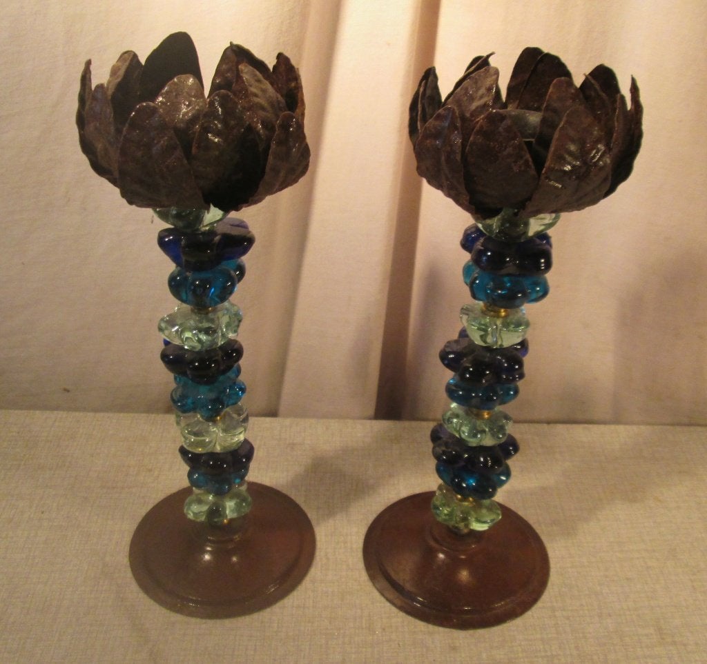 2 Prachtige Speciale Kandelaars in metaal en glas - 28cm, Ophalen of Verzenden, Glas