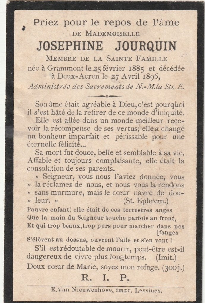 B P 5 / JOURQUIN JOSEPHINE GRAMMONT 1885 - 1896, Verzamelen, Bidprentjes en Rouwkaarten, Ophalen of Verzenden, Bidprentje
