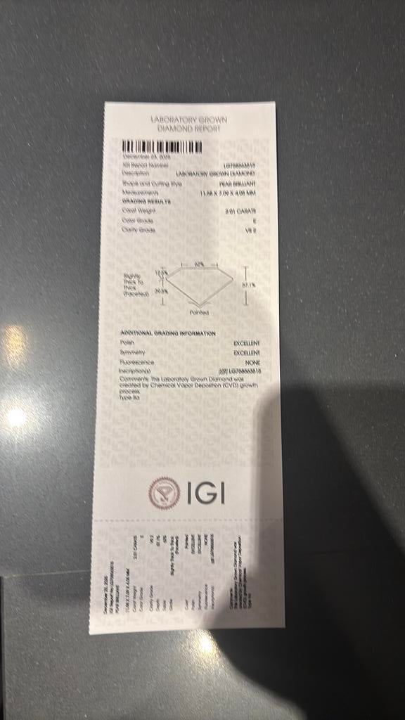 2.01 ct Diamond Pear IGI Lab Grown E VS2 - Excellent Cut, Bijoux, Sacs & Beauté, Enlèvement ou Envoi, Neuf