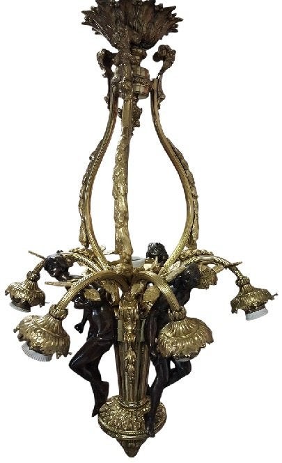 Belle Epoque bronzen luchter met schaars geklede bronzen dam, Ophalen