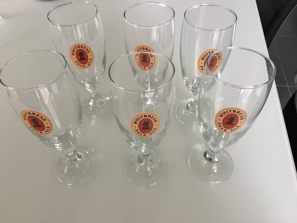 6 vintage Whitbread Pale Ale glazen, Verzamelen, Ophalen, Nieuw, Bierglas