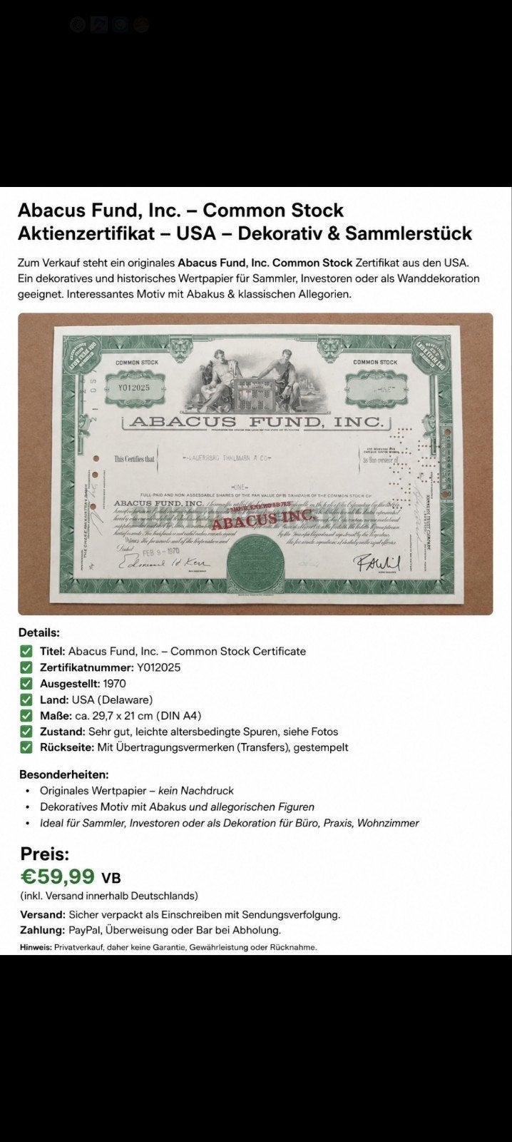 Abacus Fund USA, Timbres & Monnaies, Actions & Titres, Enlèvement ou Envoi