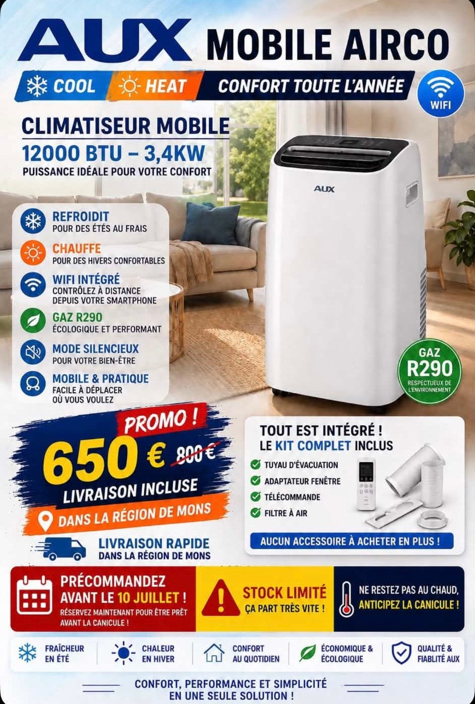 Climatiseur Aux 12000BTU, Electroménager, Climatiseurs, Neuf, Chauffage, Enlèvement, Télécommande