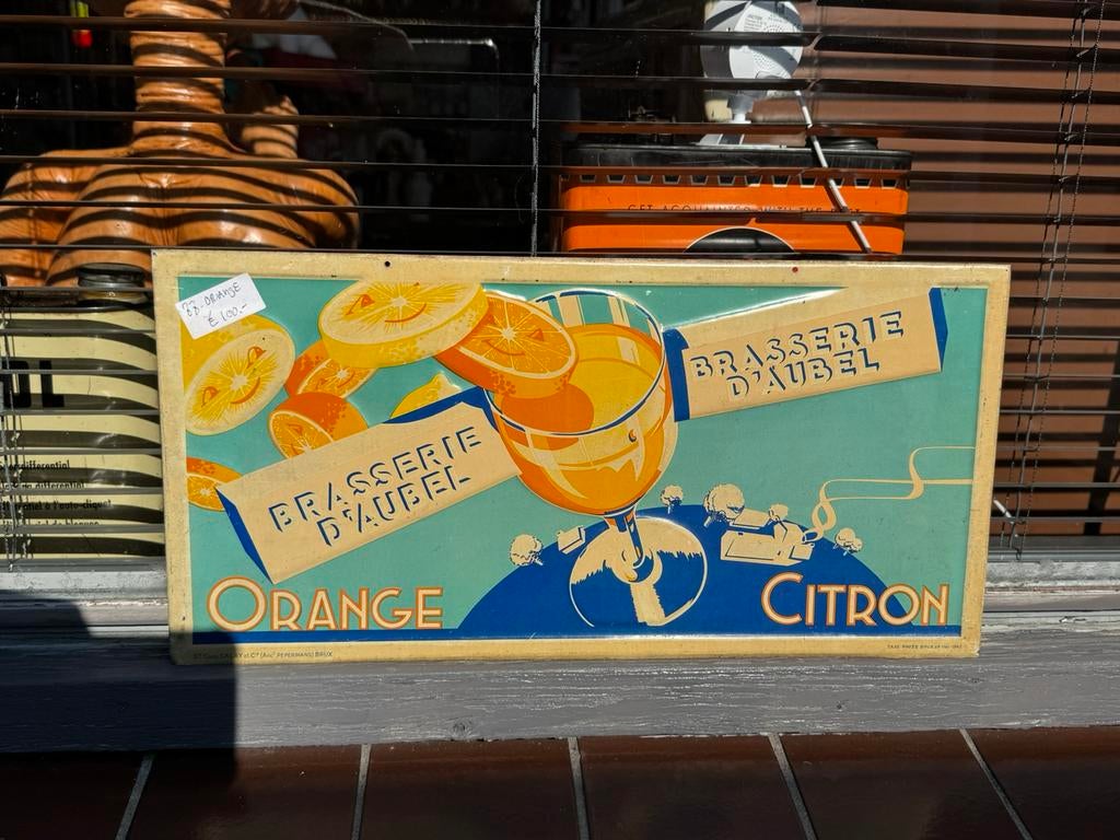 Ancien panneau publicitaire Orange Citron 1947, Enlèvement ou Envoi, Utilisé, Panneau publicitaire
