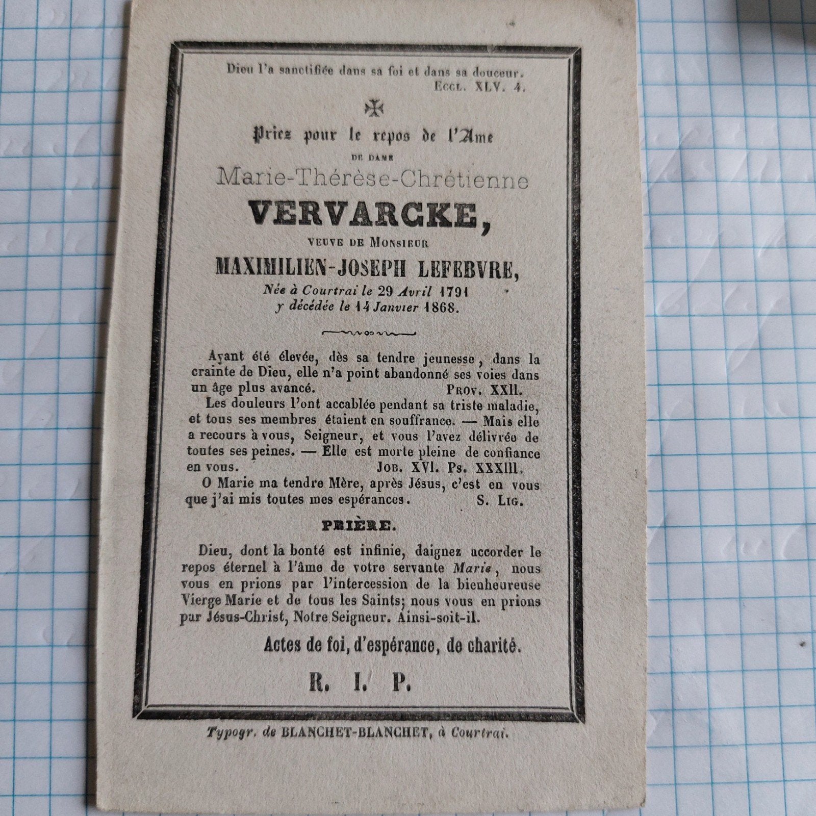 bidprentje Kortrijk 1791-1868, Ophalen of Verzenden, Bidprentje