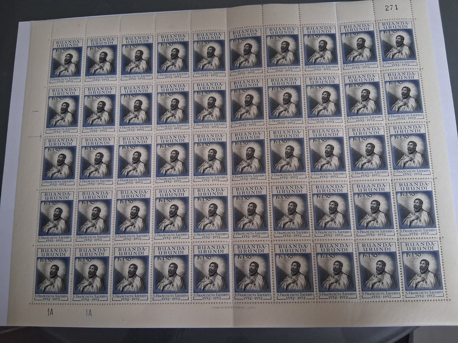 Rwanda Urundi 1952. Sint Franciscus van Assisi. 1 vel van 50, Postzegels en Munten, Ophalen of Verzenden