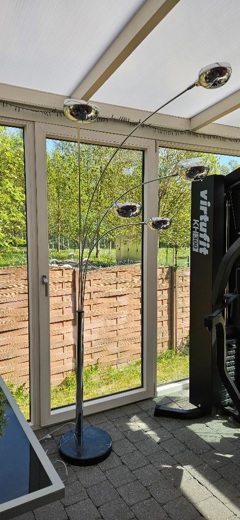 Chroomkleurige 5-lichts designlamp met zwart marmer voet, Ophalen, Gebruikt, Metaal, 200 cm of meer