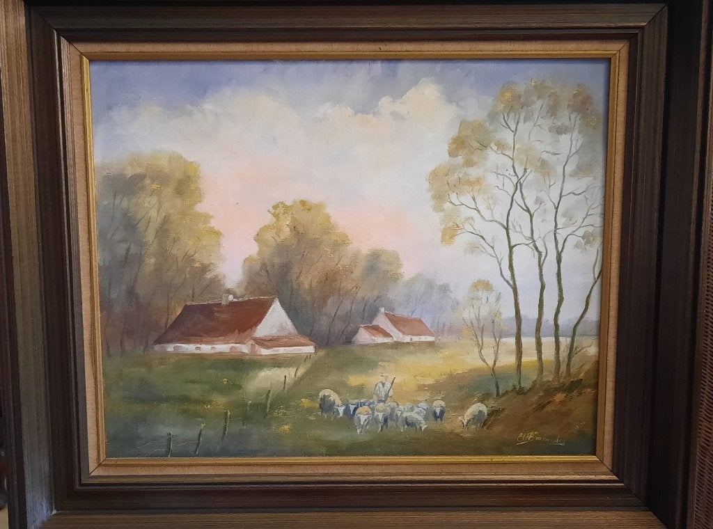 Peinture à l'huile paysage avec berger, Enlèvement ou Envoi, Paysage, Signé, Peinture à l'huile
