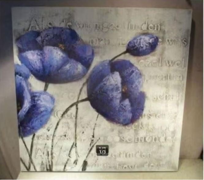 Belle œuvre peinte moderne « Fleurs bleues » - signée, Antiquités & Art, Enlèvement ou Envoi, Textile, Sur cadre en bois, Fleurs
