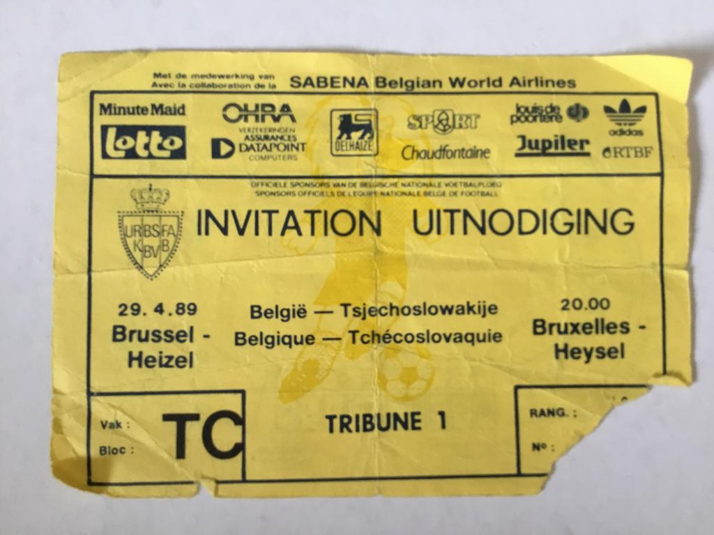 Ticket Heizel België-Tsjechoslowakije 29/4/89